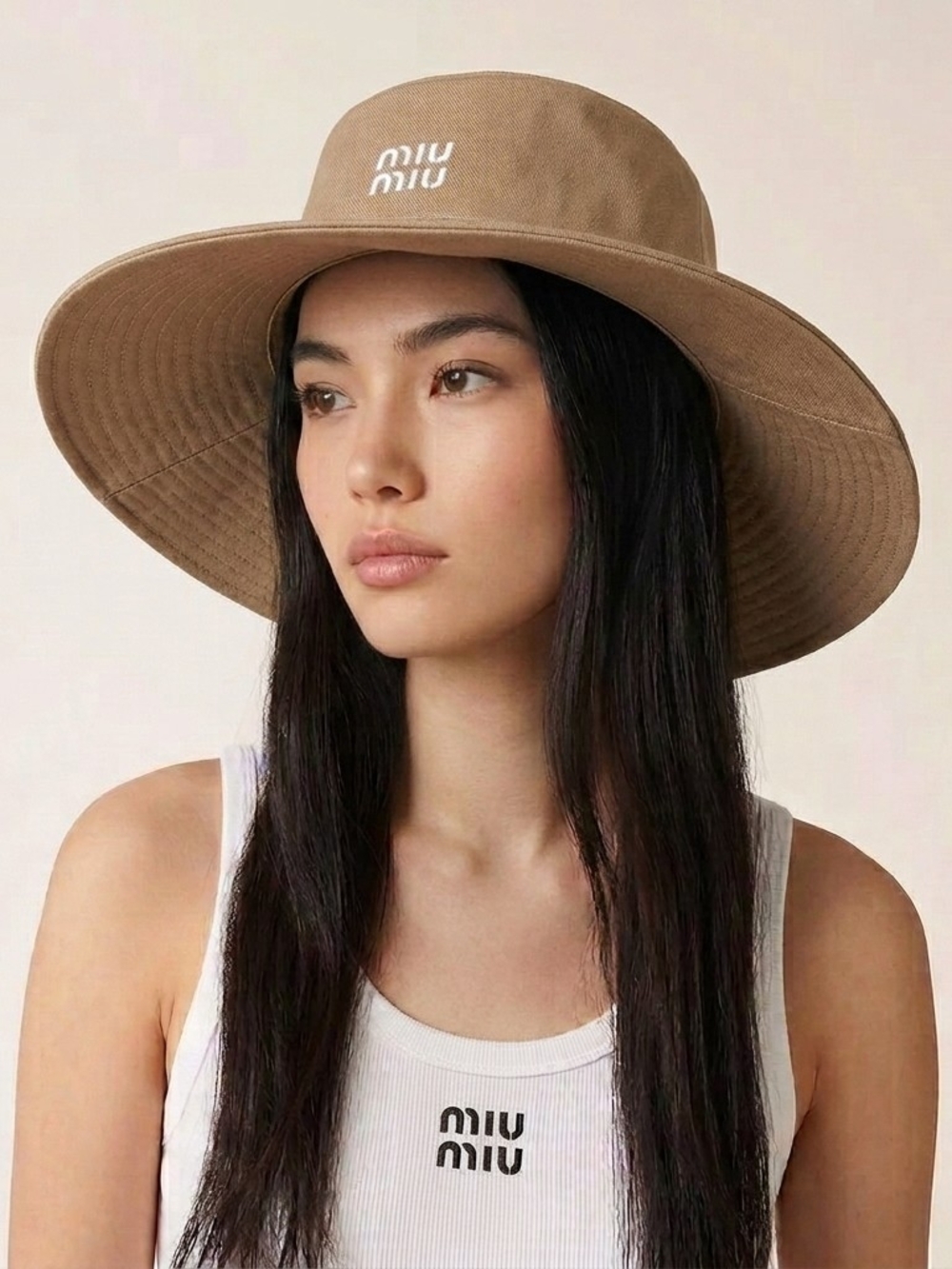 🔥NEW‼️✨️ MIU MIU ✨️ Tan Beige Wide Brim Hat w. White Logo - Women Men Unisex - Picture 2 of 15